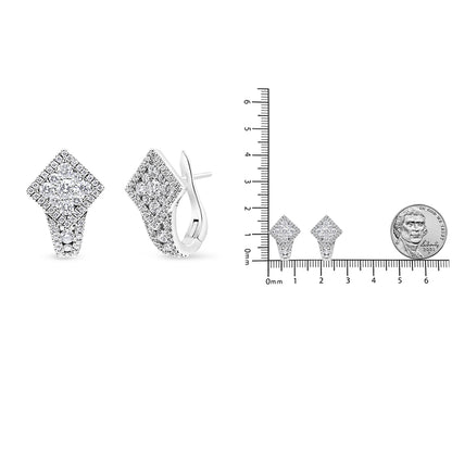 White metal earrings with multiple white gemstones in a shared prong setting, diamond-shaped design, shown from front and side angles, displayed next to a ruler and coin for size reference.