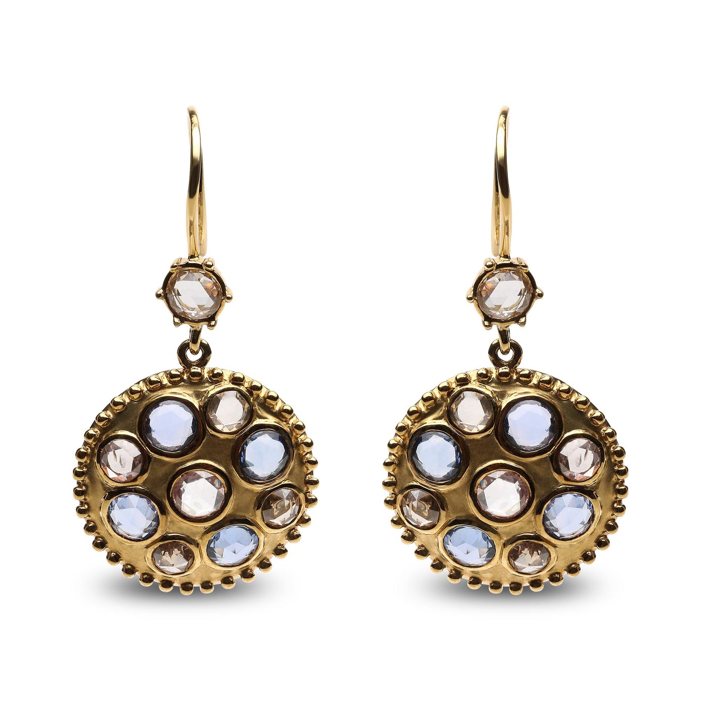 Front-facing shot of yellow metal earrings with round bezel settings featuring blue and brown gemstones and white gemstones in a circular pattern.