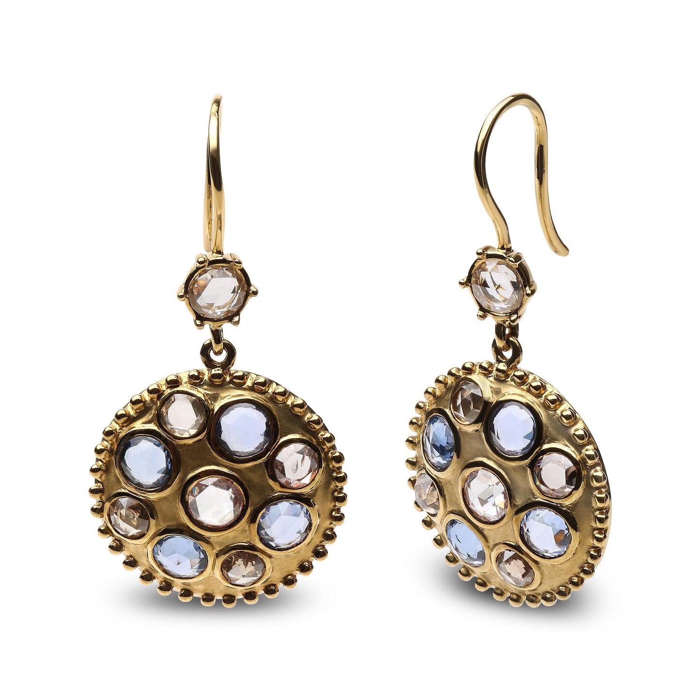 Pair of yellow metal earrings with round blue and brown gemstones and white gemstones in bezel settings, shown from a front and angled side view.
