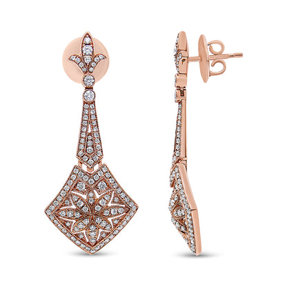 Front and side view of rose metal drop earrings with a decorative geometric design, accented with multiple white gemstones in prong settings, shown against a white background.