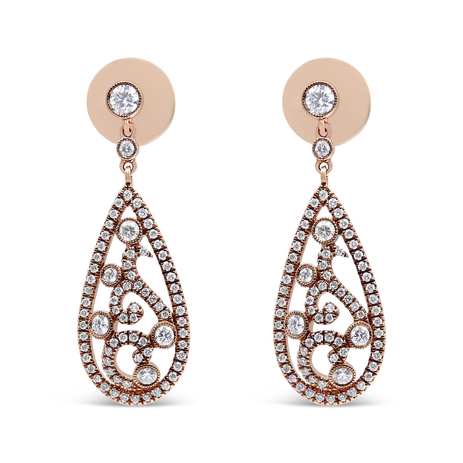 Front-facing view of a pair of rose metal drop earrings with intricate openwork teardrop shapes adorned with multiple round white gemstones in prong settings.