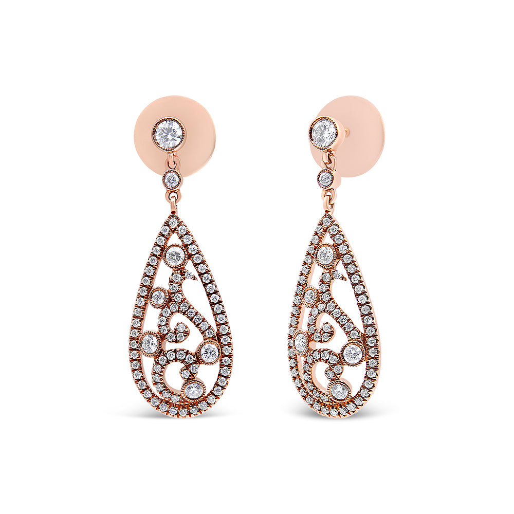 Front-facing image of a pair of rose-colored metal teardrop earrings adorned with multiple round white gemstones in prong settings, shown on earring backings.
