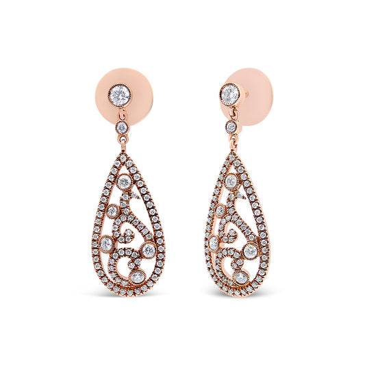 Front-facing image of a pair of rose-colored metal teardrop earrings adorned with multiple round white gemstones in prong settings, shown on earring backings.