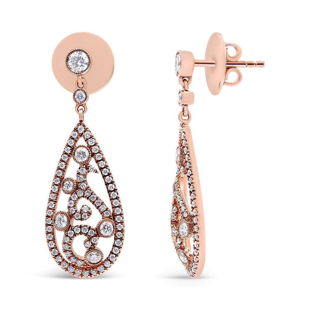 Pair of rose metal drop earrings with intricate openwork design featuring multiple white gemstones, shown from front and side angles.