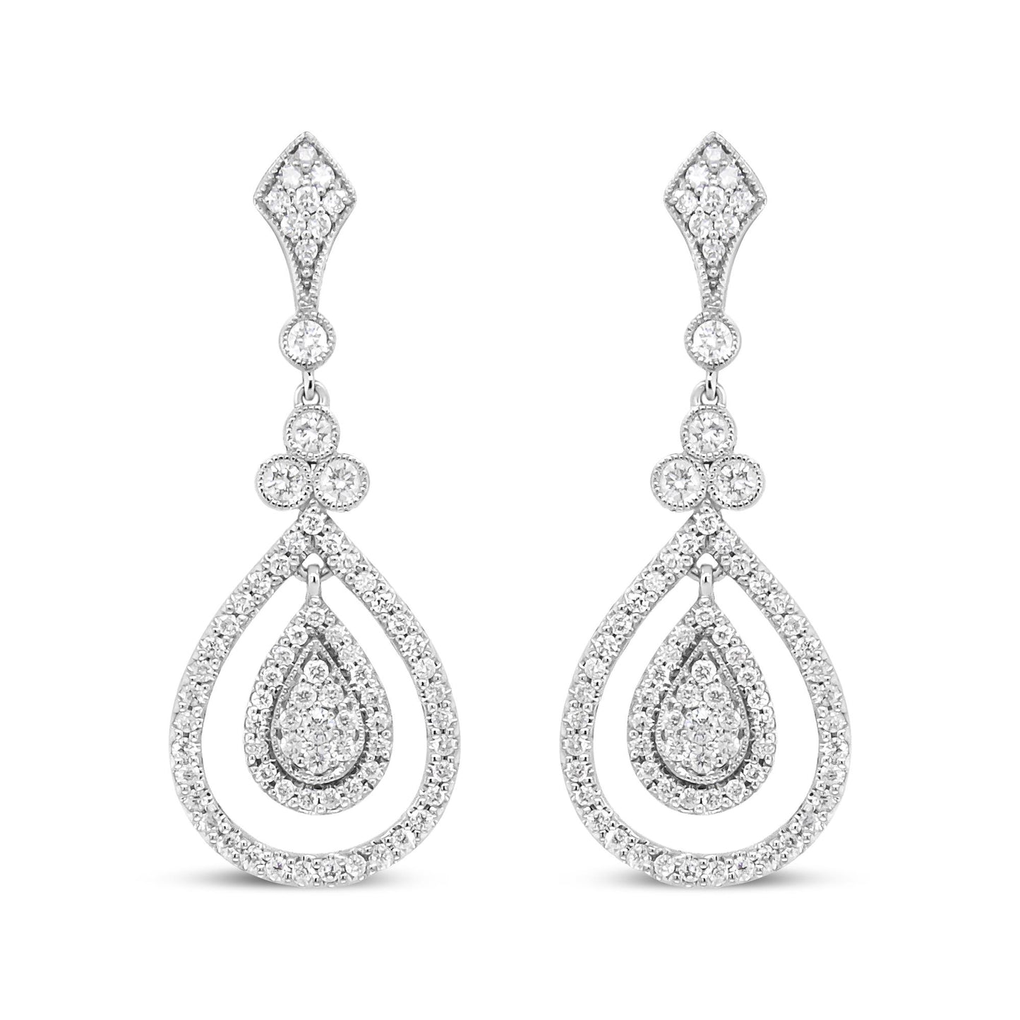 Front view of white metal drop earrings with teardrop and diamond-shaped sections adorned with multiple white gemstones in bezel and prong settings.