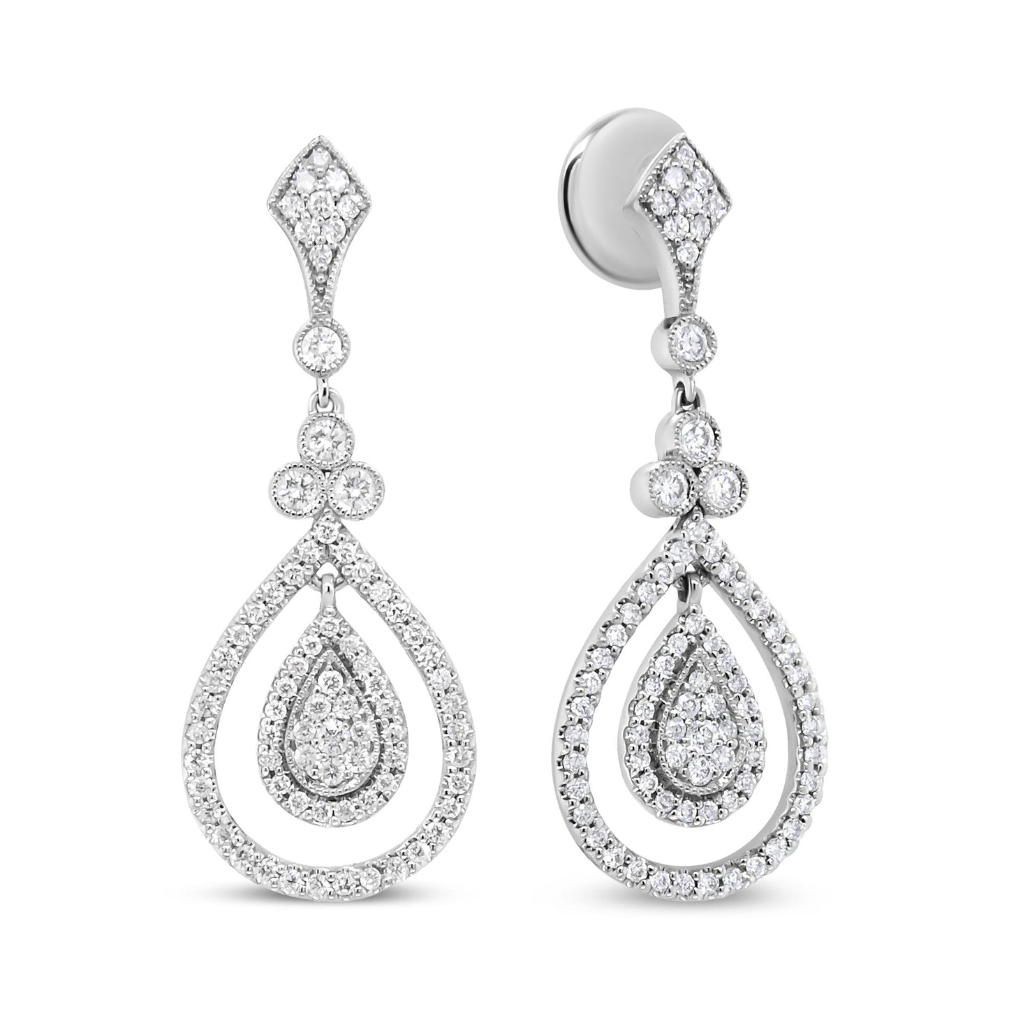 Front-facing view of white metal drop earrings with multiple round white gemstones in bezel and prong settings forming a teardrop shape.