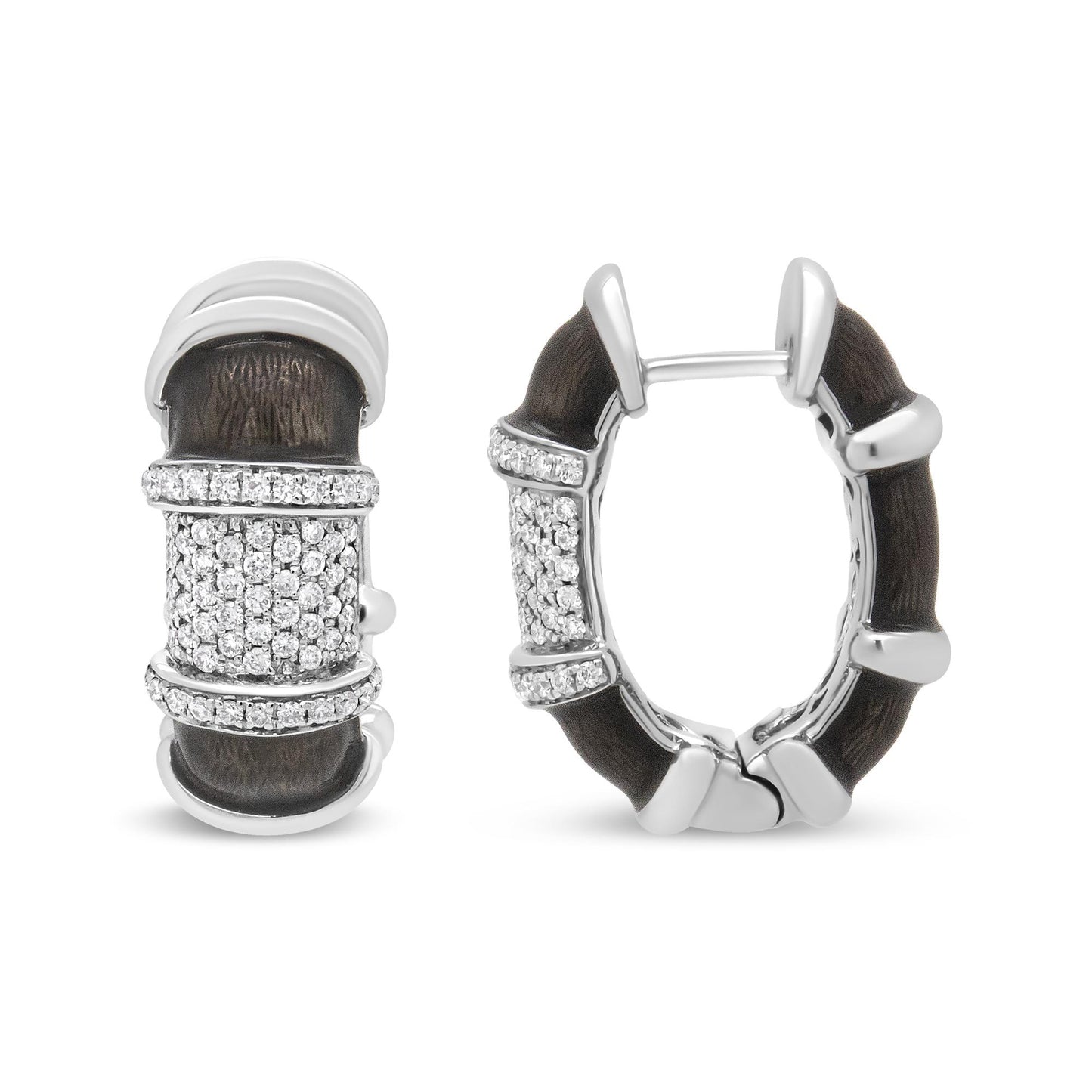 Front and side view of white metal hoop earrings with dark textured inlay and three rows of small white round gemstones in prong settings around the center section.