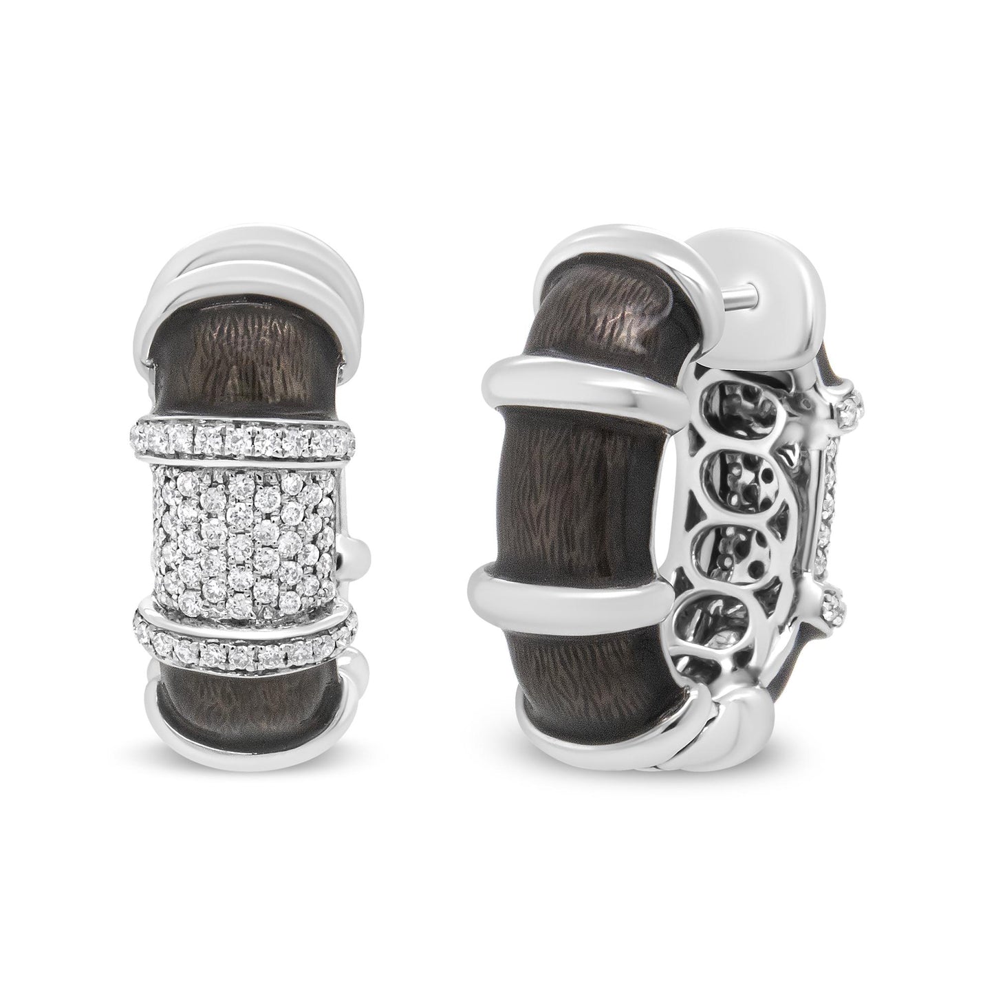 Pair of white metal hoop earrings with textured dark inlays and rows of round white gemstones in prong settings on the front, shown from front and side angles on a white background.