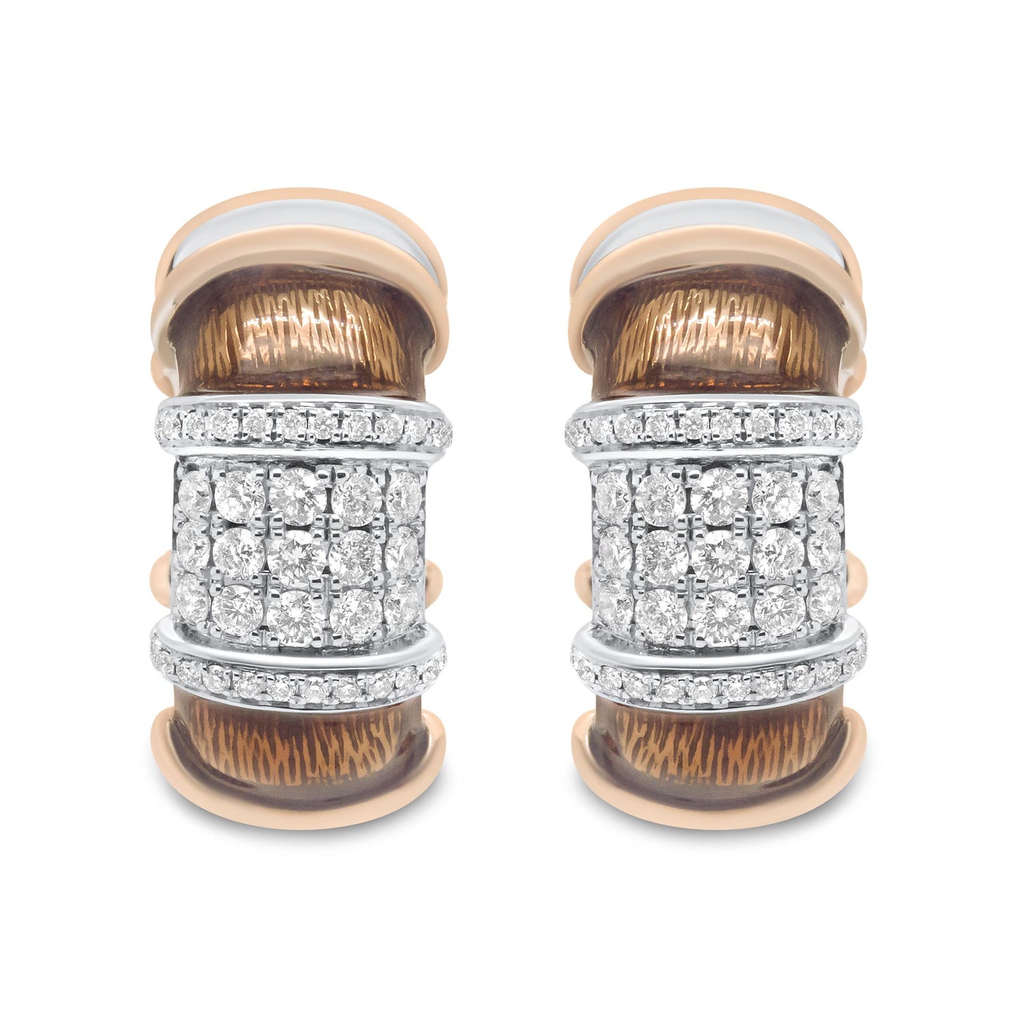 Pair of earrings shown from the front, featuring white and rose metal with clusters of round white gemstones in prong settings.