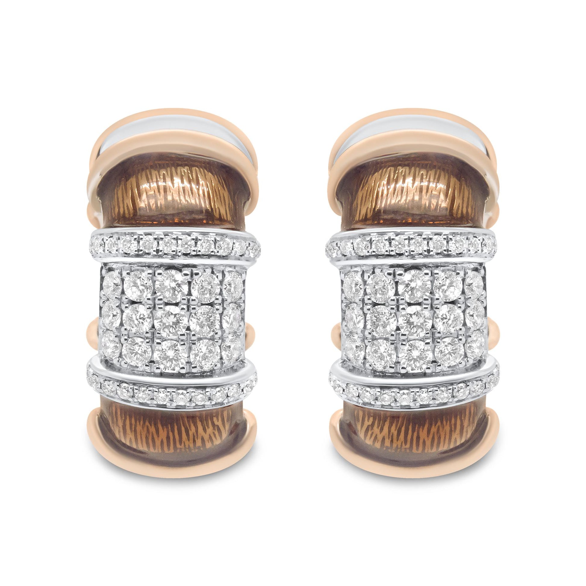 Pair of earrings shown from the front, featuring white and rose metal with clusters of round white gemstones in prong settings.