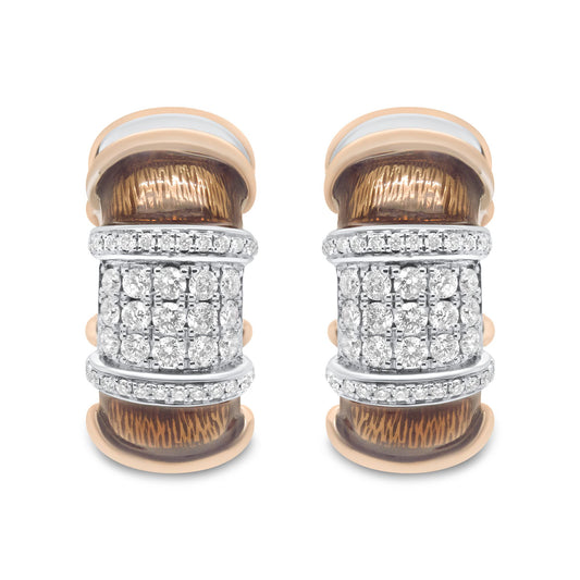 Pair of earrings shown from the front, featuring white and rose metal with clusters of round white gemstones in prong settings.