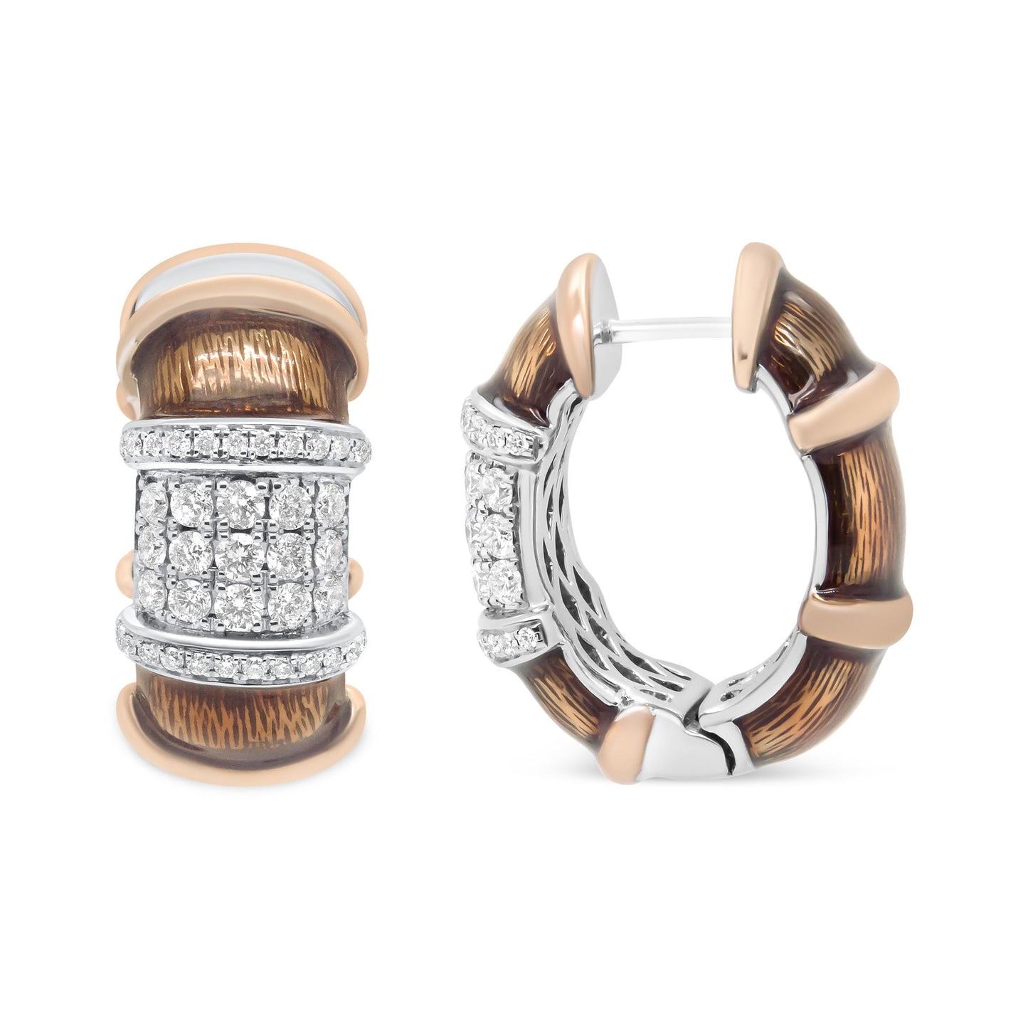 Pair of hoop earrings with white and rose metal colors featuring textured brown segments and clusters of round white gemstones in prong settings, shown from front and side angles.