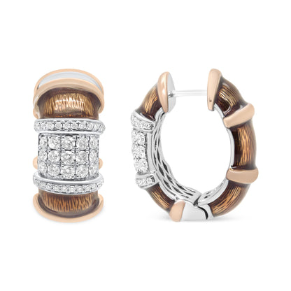 Pair of hoop earrings with white and rose metal colors featuring textured brown segments and clusters of round white gemstones in prong settings, shown from front and side angles.