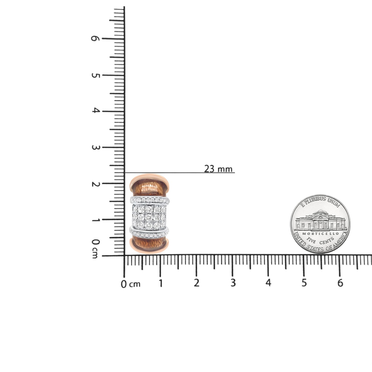 Earring with white and rose metal featuring multiple round white gemstones in prong settings, shown on ruler for size reference, front angle.