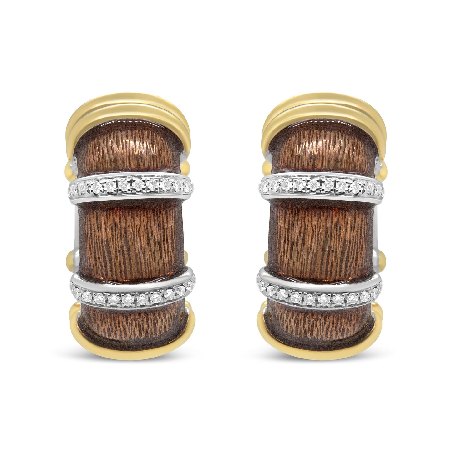 Front view of a pair of curved earrings with yellow and white metal, featuring wavy wood-like textured brown sections and two horizontal bands set with small white gemstones.