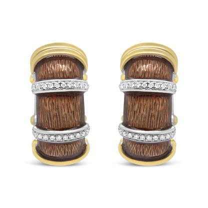 Front view of a pair of curved earrings with yellow and white metal, featuring wavy wood-like textured brown sections and two horizontal bands set with small white gemstones.