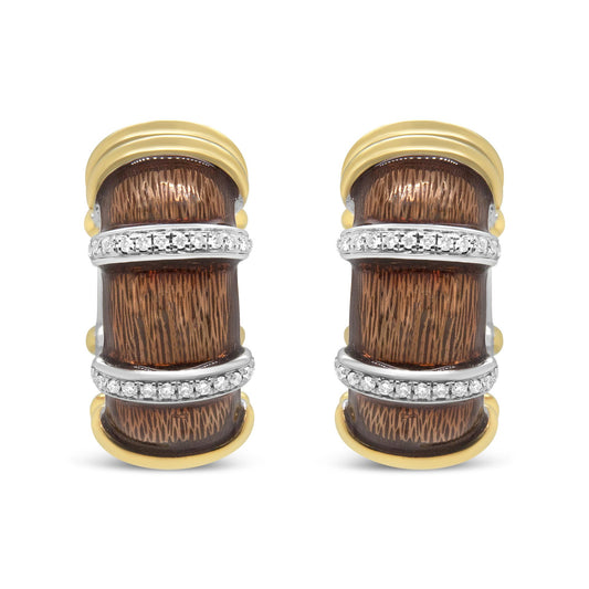 Front view of a pair of curved earrings with yellow and white metal, featuring wavy wood-like textured brown sections and two horizontal bands set with small white gemstones.