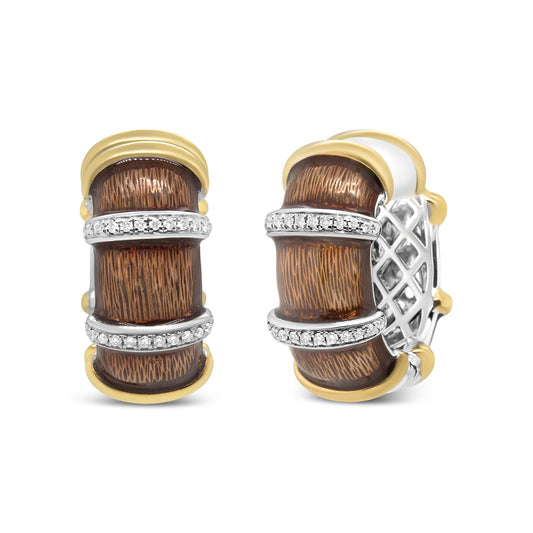 Pair of earrings with curved rectangular brown accents, bordered by yellow and white metal, featuring two horizontal rows of small white gemstones, shown from a front and side angle.