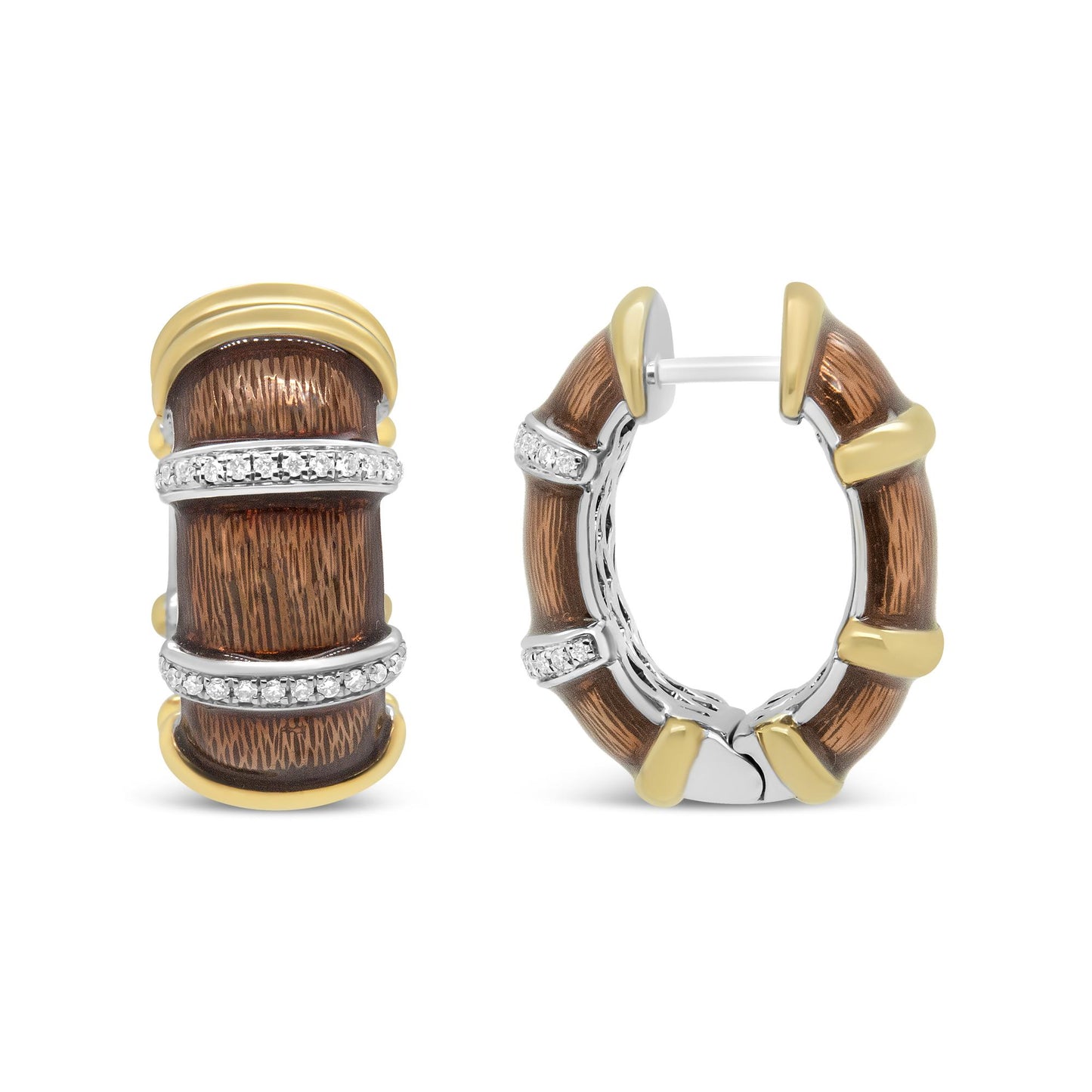Pair of hoop earrings shown from front and side angles, featuring a combination of yellow and white metal with brown textured insets and white gemstones in prong settings.