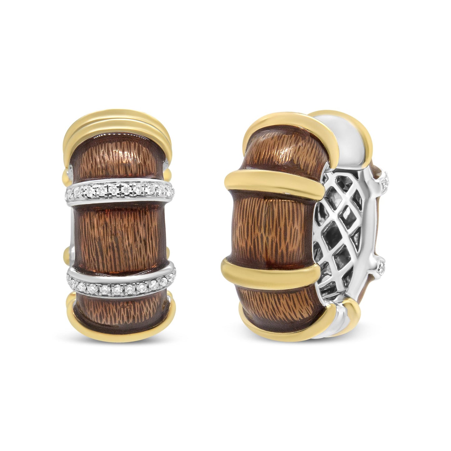 Pair of hoop earrings shown from front and side angles, featuring yellow and white metal with brown textured inlays and two rows of small round white gemstones in prong settings on the front.