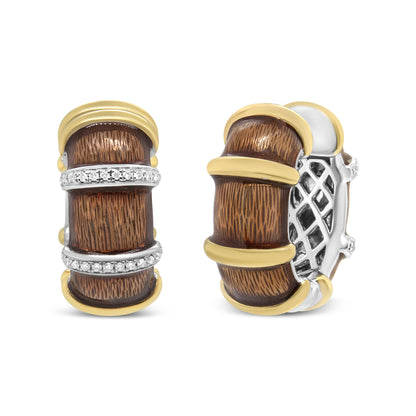 Pair of hoop earrings shown from front and side angles, featuring yellow and white metal with brown textured inlays and two rows of small round white gemstones in prong settings on the front.