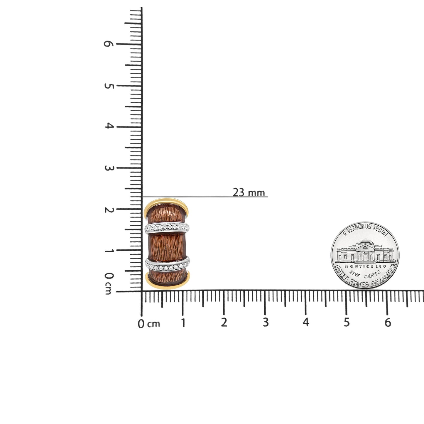 Earring with yellow and white metal bands over a textured brown cylindrical section, adorned with two rows of round white gemstones in prong settings, shown on a ruler for size reference from a top-down angle.