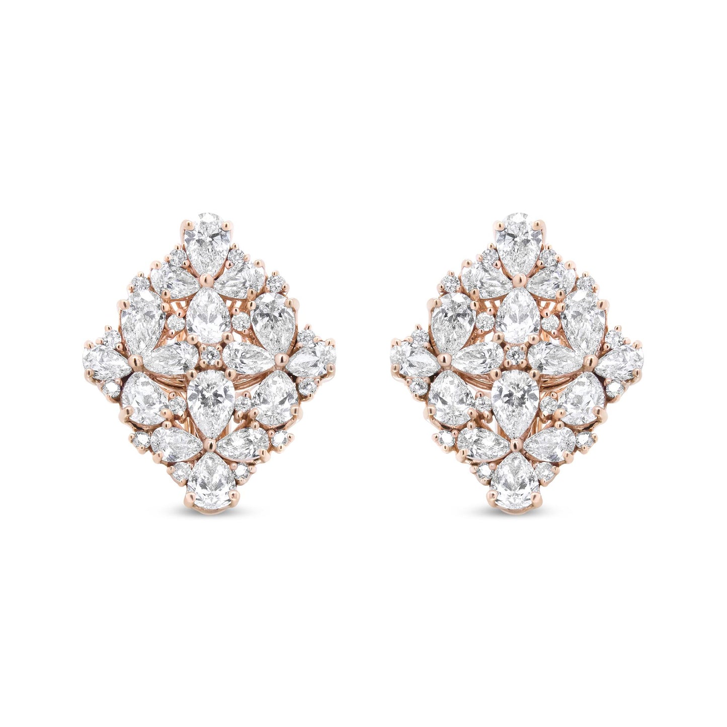 Front view of a pair of rose metal earrings featuring pear and round shaped white gemstones in prong settings arranged in a symmetrical cluster design.