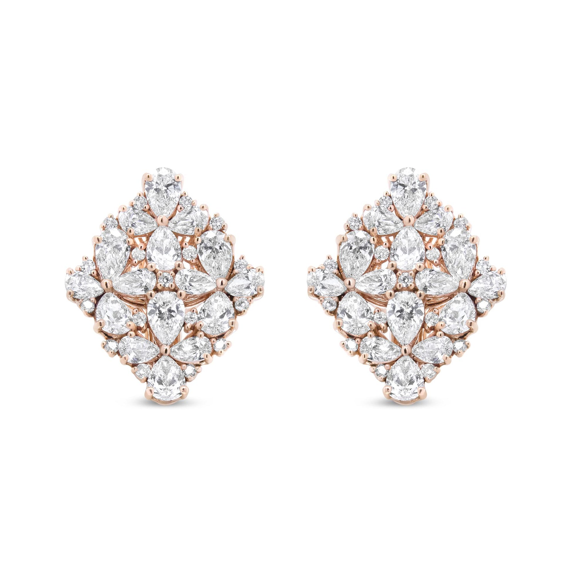 Front view of a pair of rose metal earrings featuring pear and round shaped white gemstones in prong settings arranged in a symmetrical cluster design.