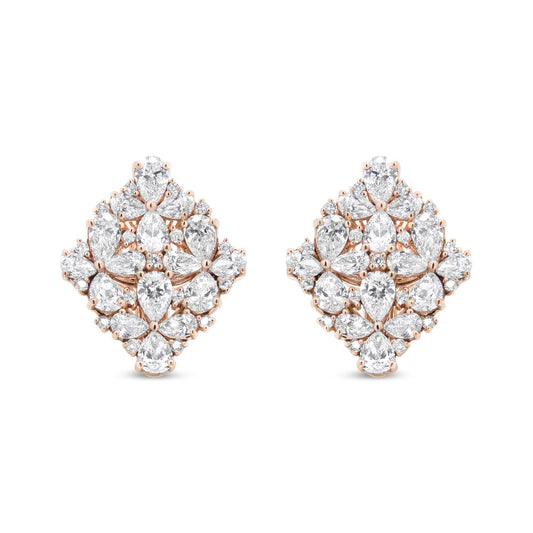 Front view of a pair of rose metal earrings featuring pear and round shaped white gemstones in prong settings arranged in a symmetrical cluster design.