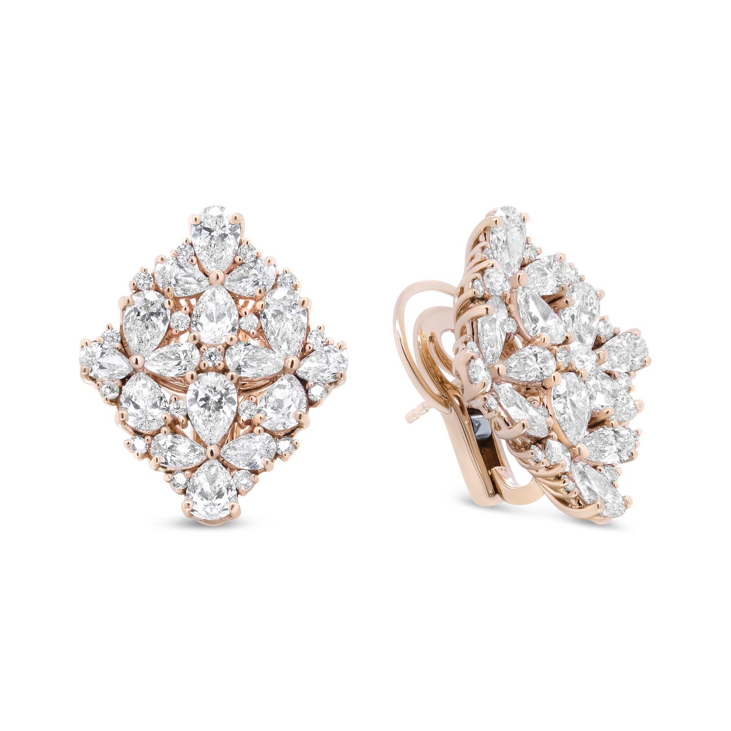 Front and side angled view of a pair of rose metal earrings featuring multiple pear-shaped and round white gemstones in prong settings arranged in a clustered, intricate pattern.
