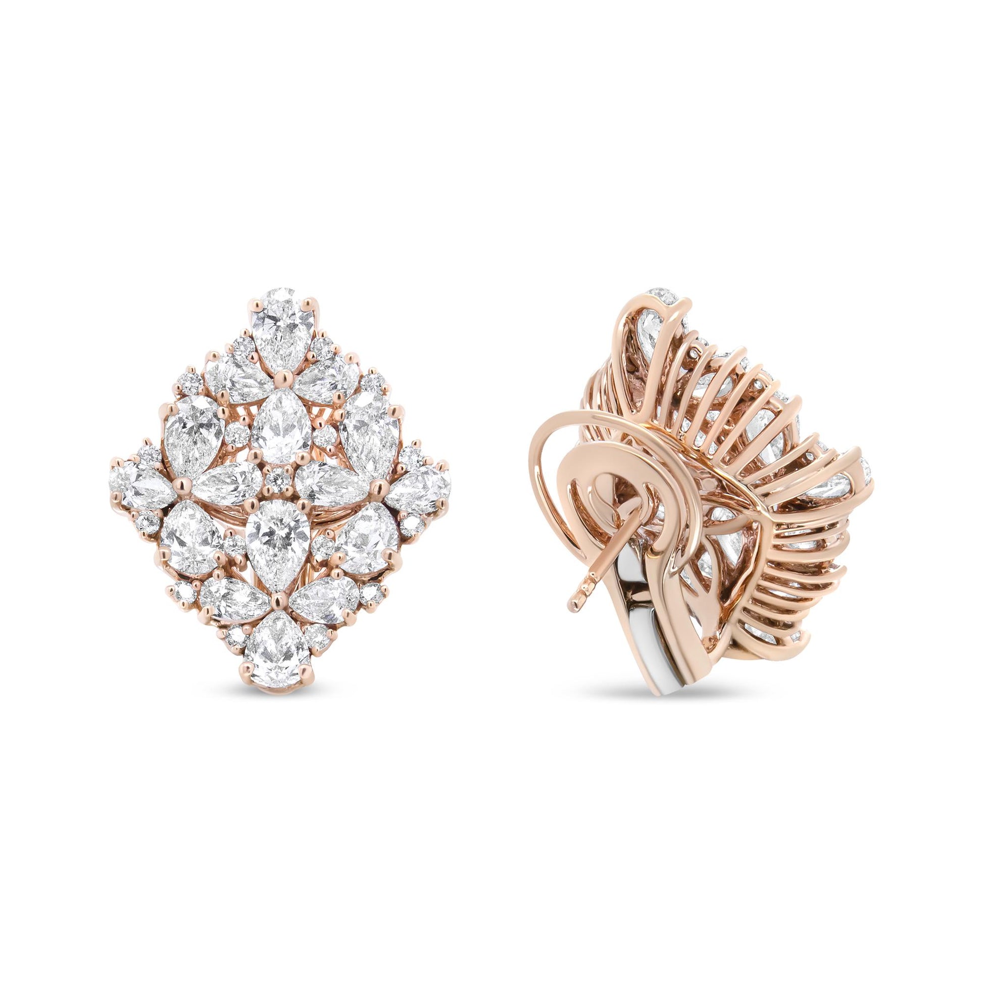 Pair of rose-colored earrings shown from front and back angles, featuring pear-shaped and round white gemstones in prong settings arranged in a decorative cluster design.
