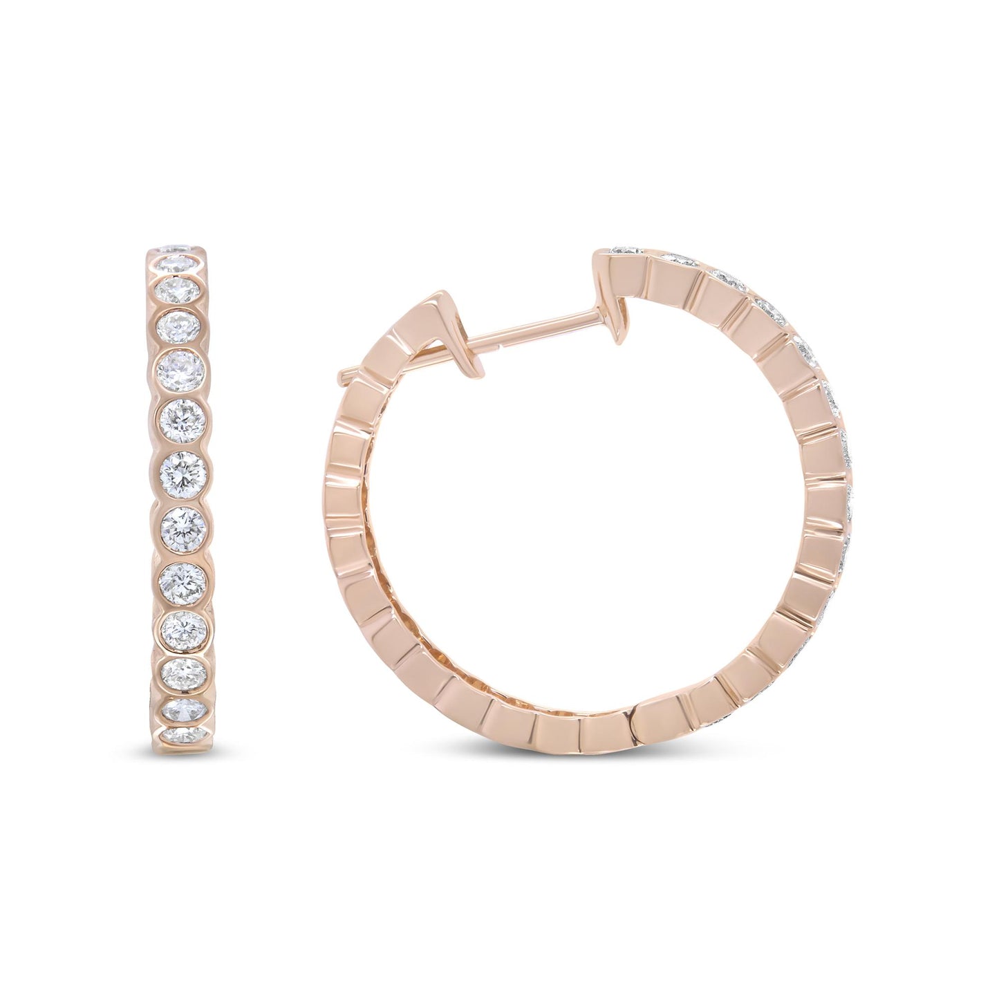 Pair of rose metal hoop earrings with white round bezel-set gemstones, shown from front and side angles on a white background.