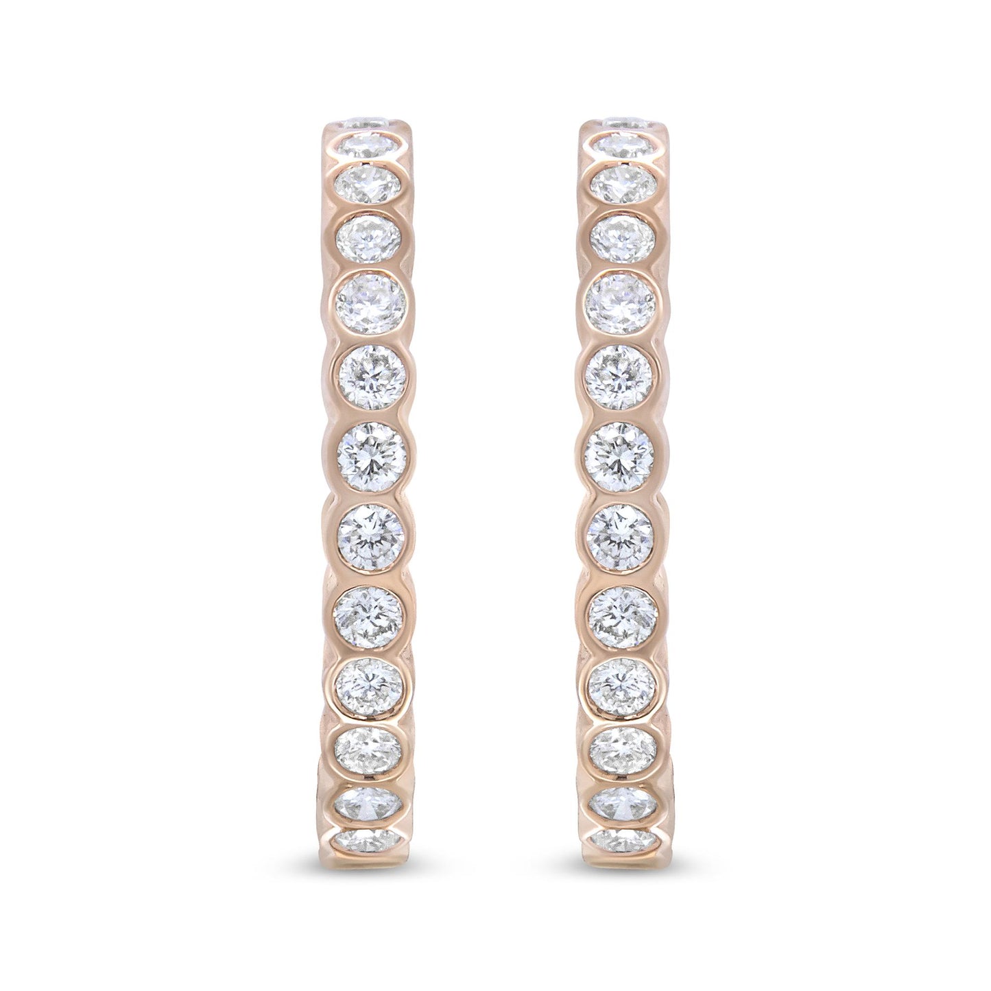Front-facing close-up of a pair of rose-colored hoop earrings set with round white gemstones in bezel settings along the outer edge.