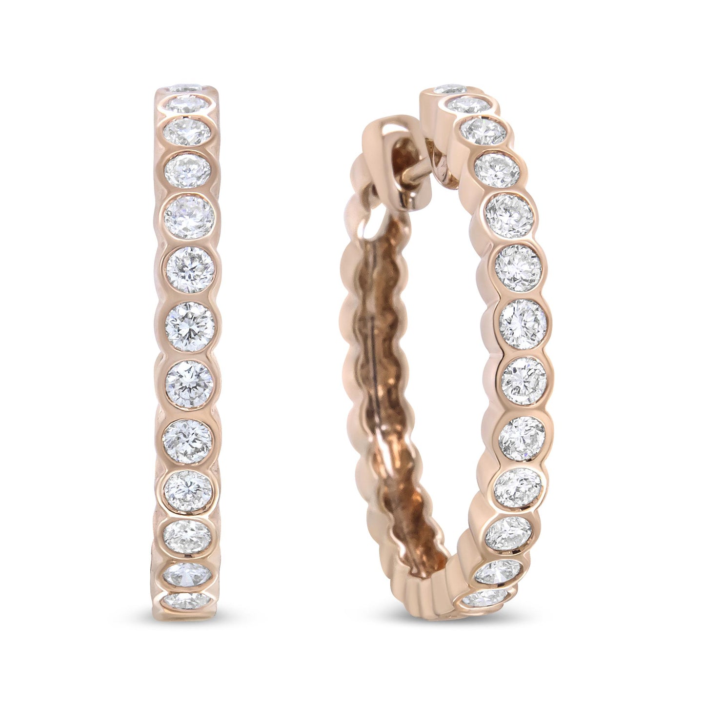 Close-up front and side angle of rose-colored hoop earrings set with round white gemstones in bezel settings.