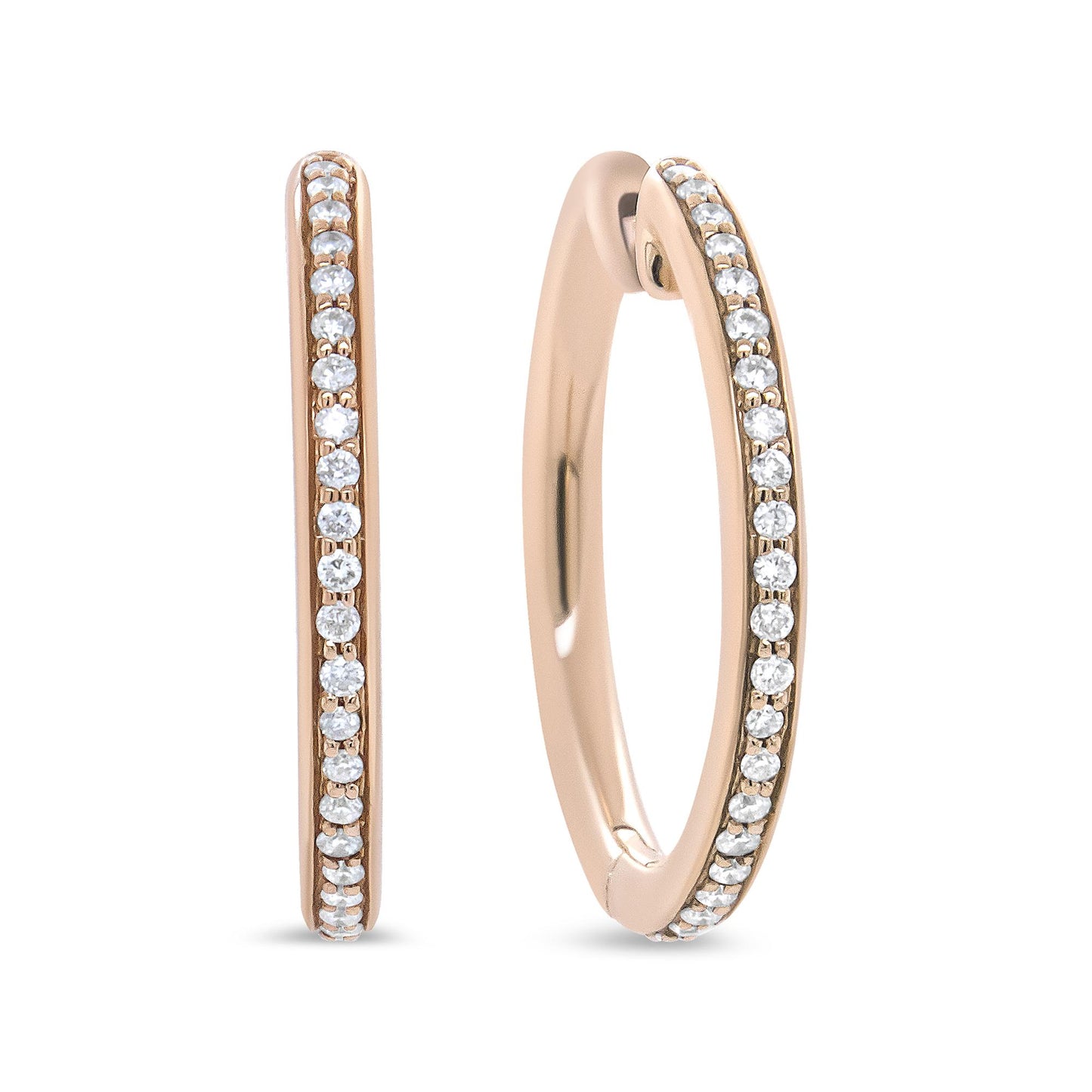 Front and side angles of rose-colored hoop earrings with a row of prong-set round white gemstones along the outer edge.