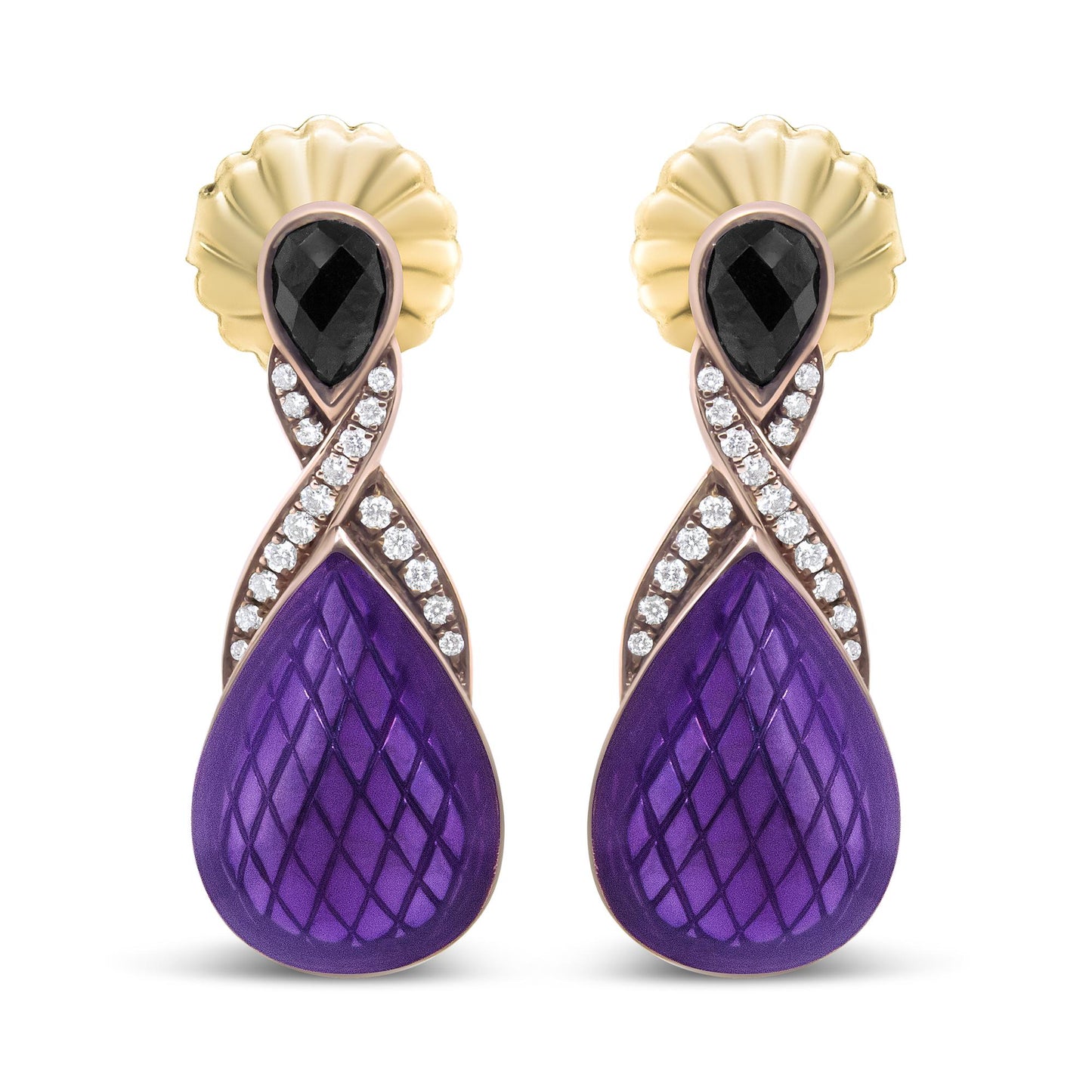 Front-facing shot of white metal earrings featuring a black pear-shaped gemstone at the top, crossing lines of small white round gemstones in a pave setting, and a large purple teardrop-shaped element with a textured pattern at the bottom.