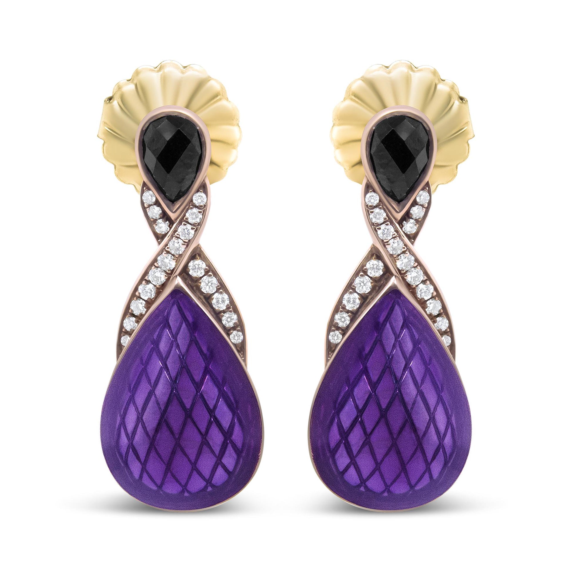 Front-facing shot of white metal earrings featuring a black pear-shaped gemstone at the top, crossing lines of small white round gemstones in a pave setting, and a large purple teardrop-shaped element with a textured pattern at the bottom.