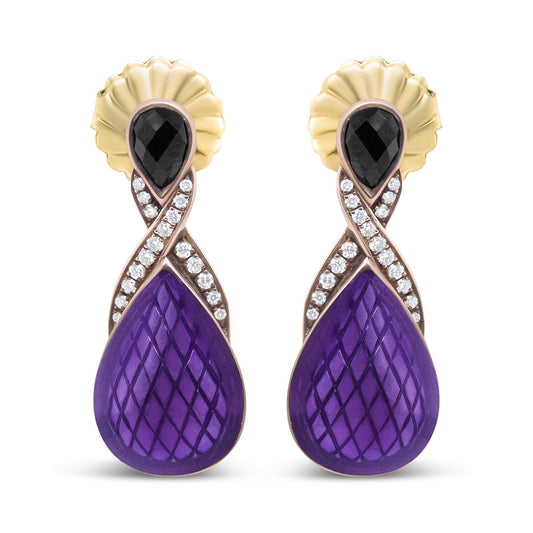 Front-facing shot of white metal earrings featuring a black pear-shaped gemstone at the top, crossing lines of small white round gemstones in a pave setting, and a large purple teardrop-shaped element with a textured pattern at the bottom.