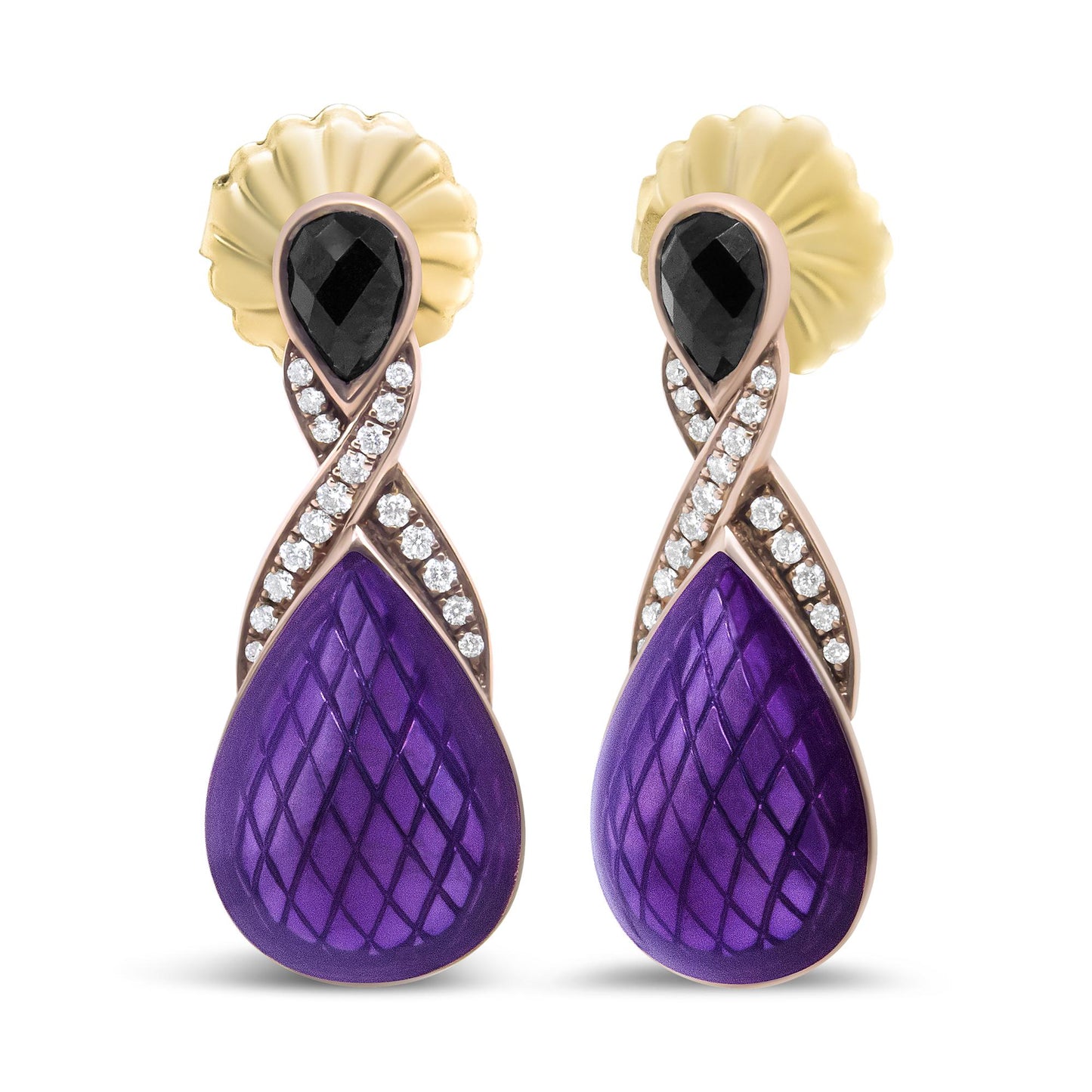 Close-up front view of white metal earrings featuring pear-shaped black gemstones at the top, crossed rows of small white gemstones in pave setting, and large purple teardrop-shaped elements with textured pattern.