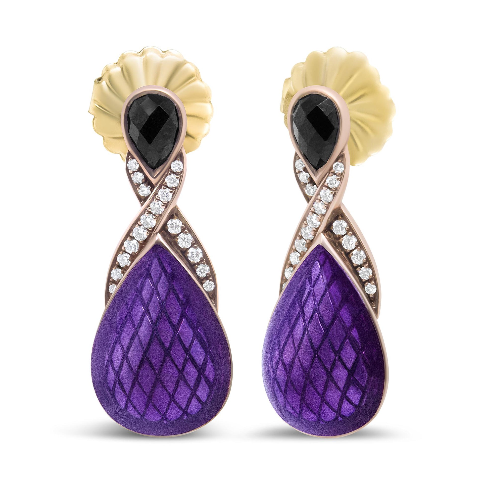 Close-up front view of white metal earrings featuring pear-shaped black gemstones at the top, crossed rows of small white gemstones in pave setting, and large purple teardrop-shaped elements with textured pattern.