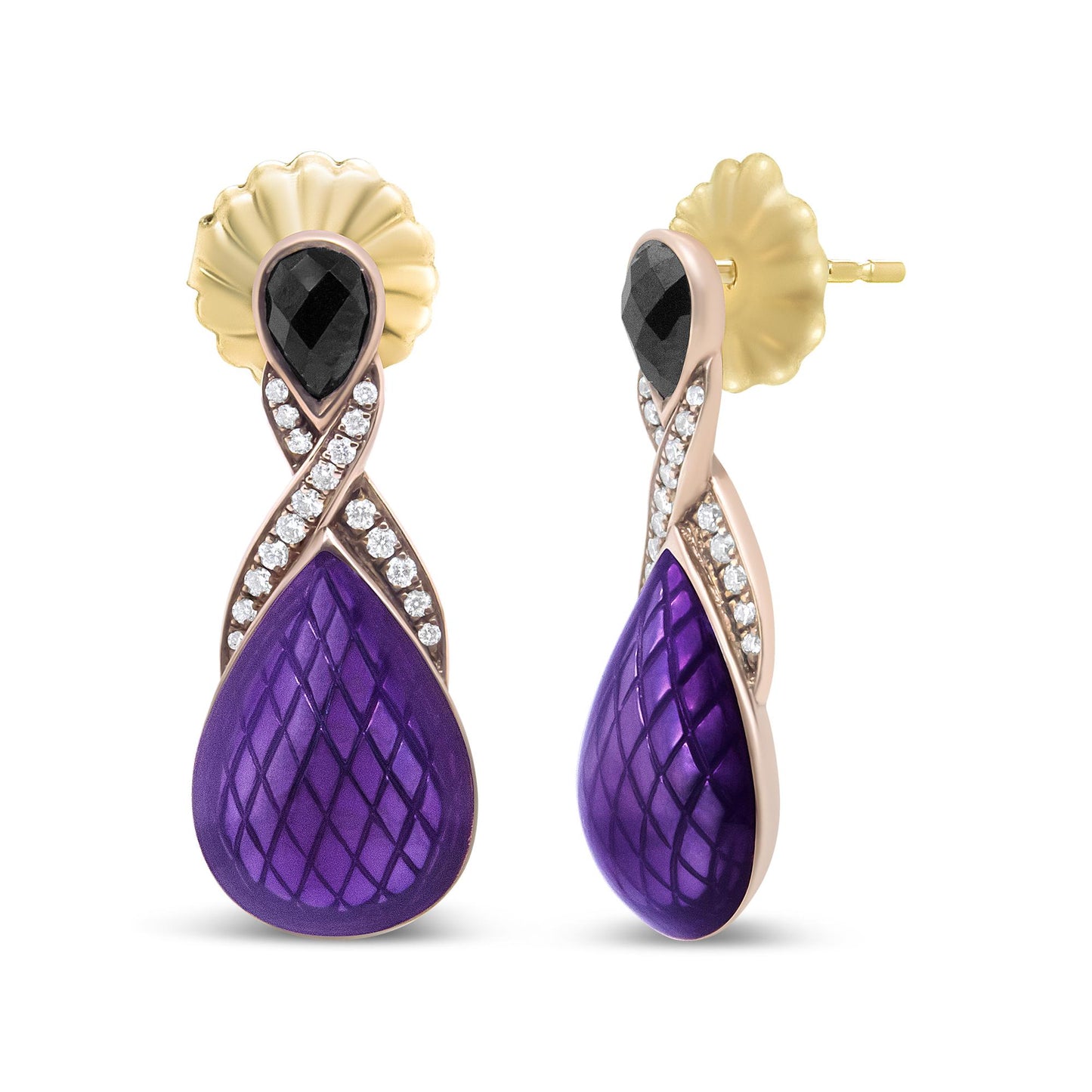 Pair of white metal earrings shown from front and side angles featuring a black pear-shaped gemstone in bezel setting at the top, an intersecting ribbon of small white round gemstones in pave setting, and a large purple teardrop-shaped detail with a crisscross pattern at the bottom.
