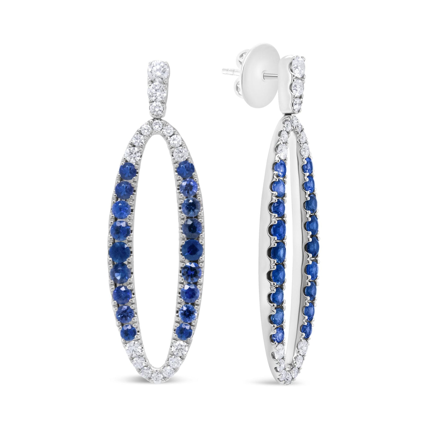 White metal oval-shaped earrings with alternating white and blue gemstones in prong settings, shown from front and side angles.