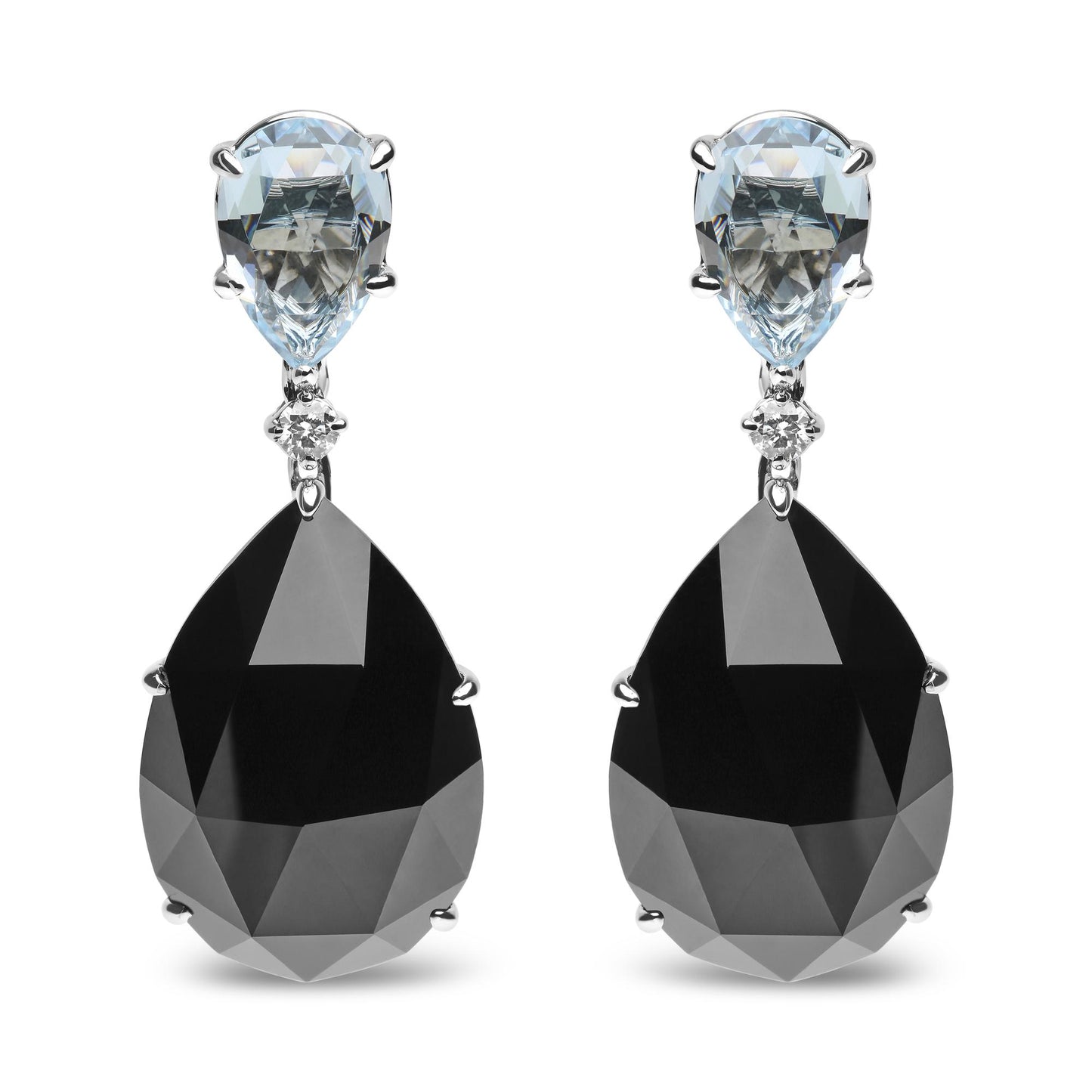 Front view of white metal drop earrings with pear-shaped blue gemstones at the top, small round white gemstones in the middle, and large pear-shaped black gemstones at the bottom.