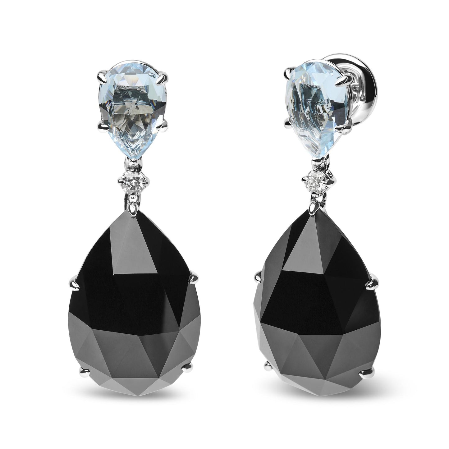 Front angle view of white metal drop earrings featuring pear-shaped blue gemstones at the top, round white gemstones in the middle, and large pear-shaped black gemstones hanging below.