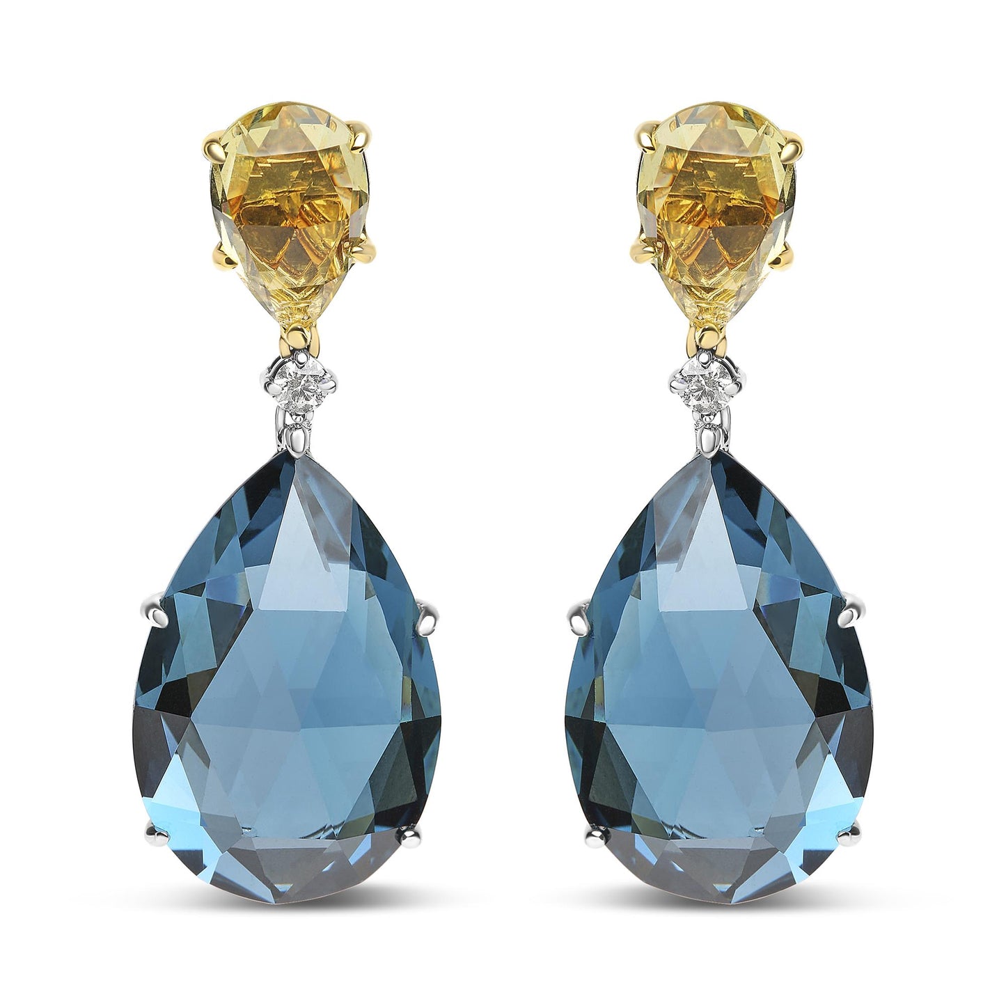 Front-facing image of drop earrings featuring yellow metal settings with lemon-colored pear-shaped gemstones at the top, a small white round gemstone in the middle, and large blue pear-shaped gemstones set in white metal at the bottom.