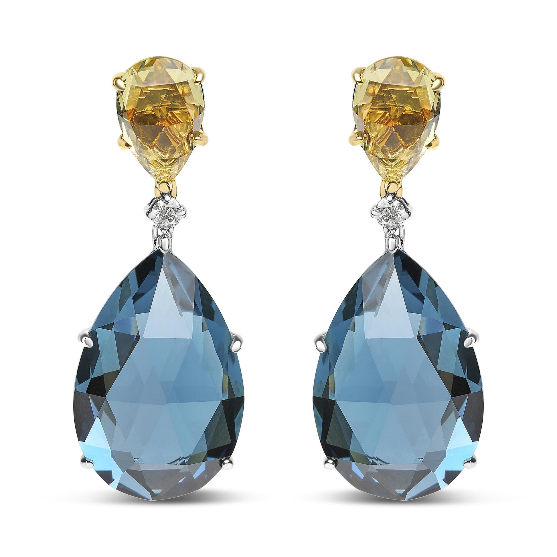 Front-facing image of drop earrings featuring yellow metal settings with lemon-colored pear-shaped gemstones at the top, a small white round gemstone in the middle, and large blue pear-shaped gemstones set in white metal at the bottom.