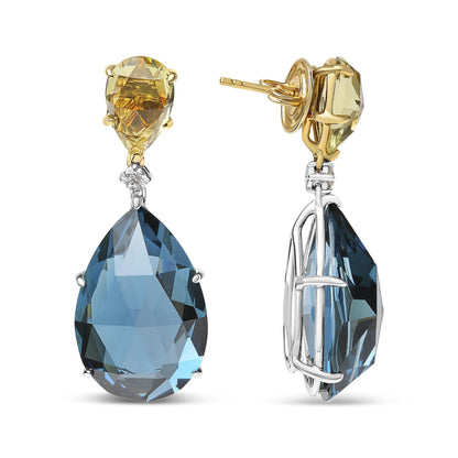 Front and side view of drop earrings with yellow pear-shaped gemstone at top, small round white gemstone beneath, and large blue pear-shaped gemstone dangling below, set in yellow and white metal.