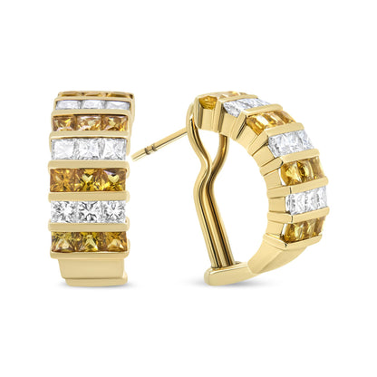 Pair of yellow metal hoop earrings shown from front and side angles, featuring rows of square white and yellow gemstones in an invisible setting.