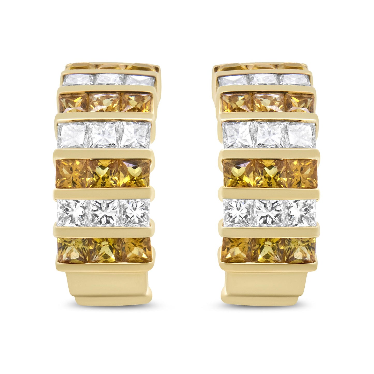 Front view of yellow metal earrings with alternating rows of white and yellow princess-shaped gemstones in an invisible setting.