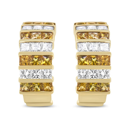 Front view of yellow metal earrings with alternating rows of white and yellow princess-shaped gemstones in an invisible setting.